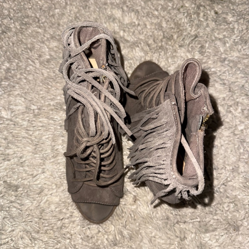 Express Gray Fringe Lace-Up Boots